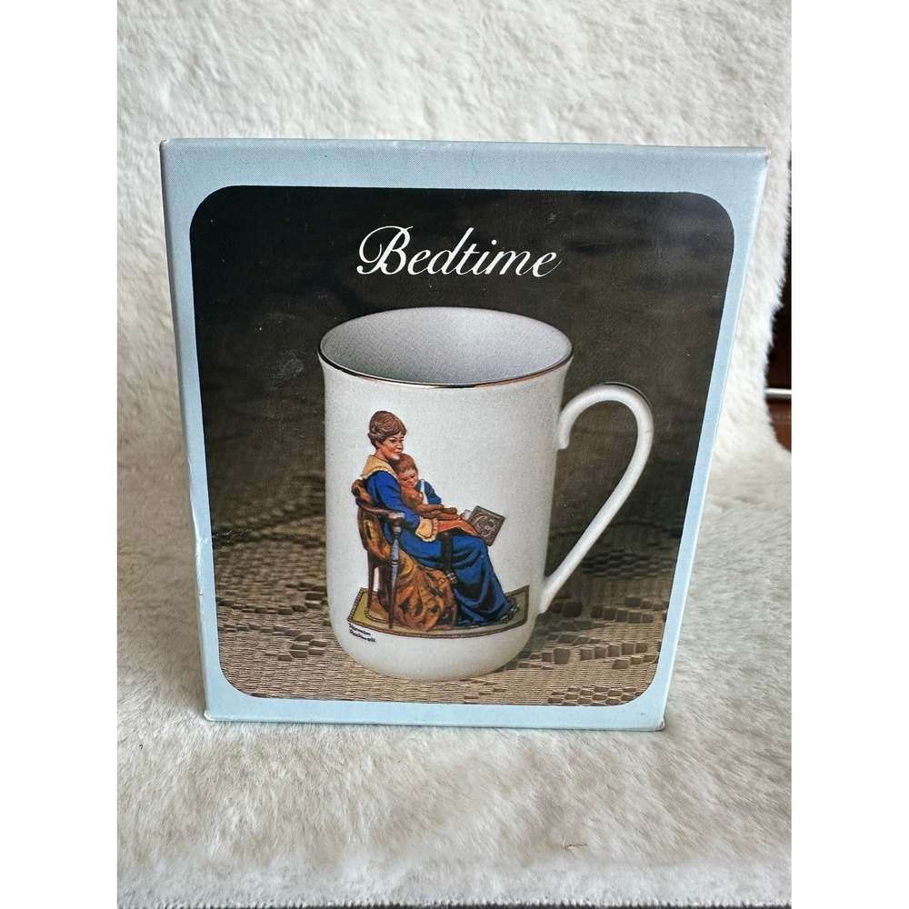 Norman Rockwell Museum Porcelain Mug Bedtime 1982 Vintage Gold Rim White Blue